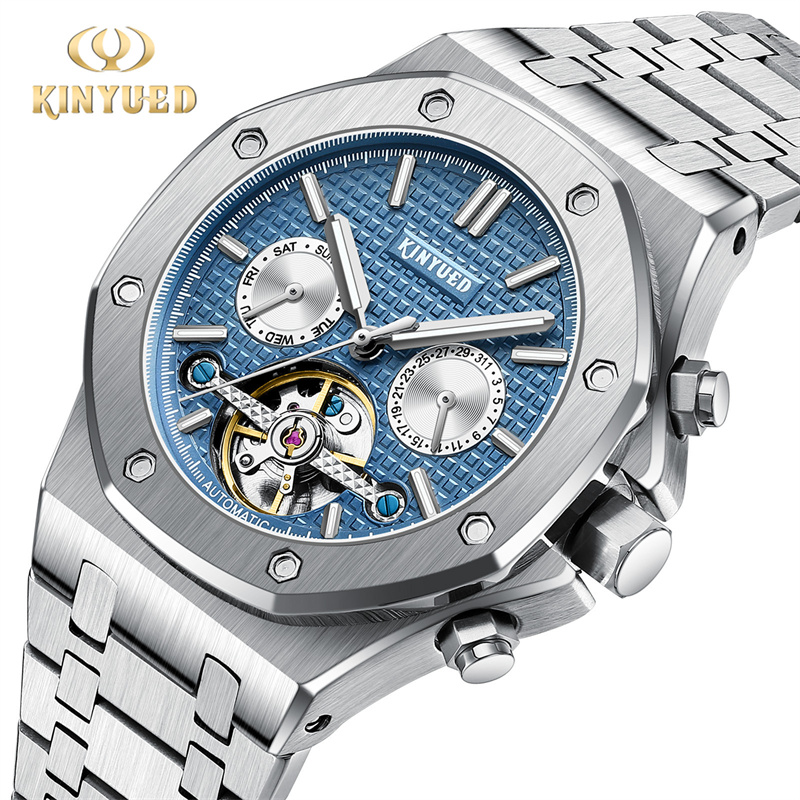 Tourbillon Movement Watch - KINYUED marca moda blu orologio meccanico